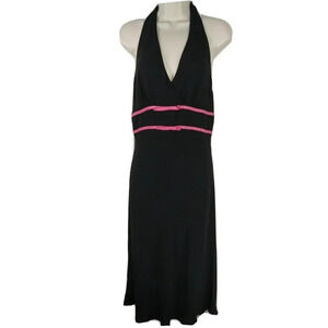 Nine West Halter Fit & Flare Dress Sleeveless Size 8 Black Pink Ribbon Trim FLAW